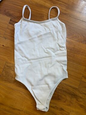 OQQ women’s small Ribbed One-Piece Tank Bodysuit in white snap